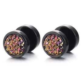 Men Women Black Circle Stud Earrings Rainbow Sand Glitter Steel Cheater Fake Ear Plugs Gauges Tunnel（CA）