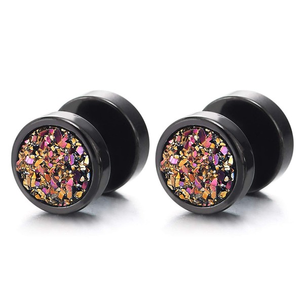 Men Women Black Circle Stud Earrings Rainbow Sand Glitter Steel
