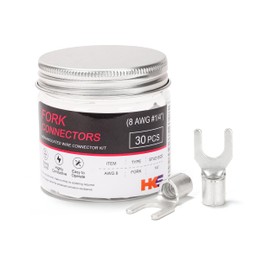 HKS 30PCS Non-Insulated Fork Terminals, 1/4” Stud, AWG 8 (6-10mm²) Tinned Red Copper Crimp Connectors, M6 Bolt Size, Uninsulated Wire Lugs for Electrical Wiring & Automotive Applications