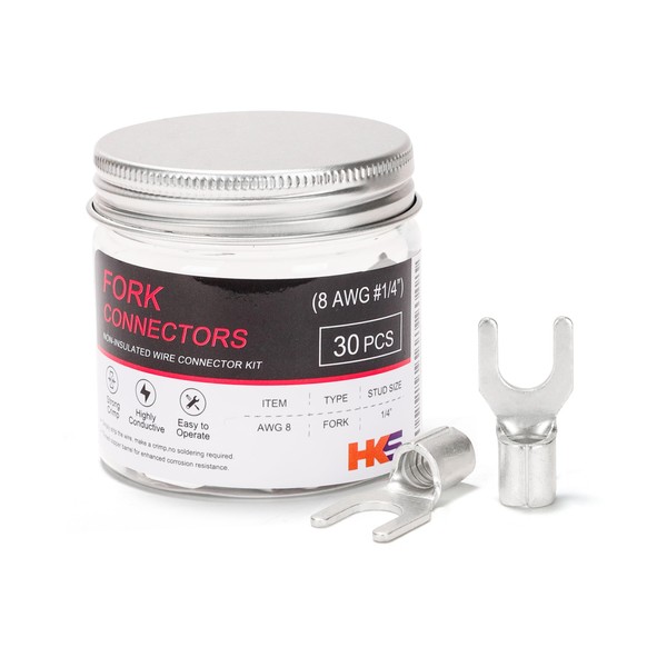 HKS 30PCS Non-Insulated Fork Terminals, 1/4” Stud, AWG 8 (6-10mm²)