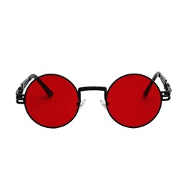 Retro Steampunk Style Round Vintage Sunglasses Black Metal Frame Red Lens