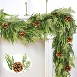 6FT Christmas Norfolk Pine Garland, Real Touch Greenery Cypress Garland with 80 Norfolk & 20 Cypress Leaves 8 Pinecones for Xmas Decorations Outdoor Table Fireplace Holiday Home