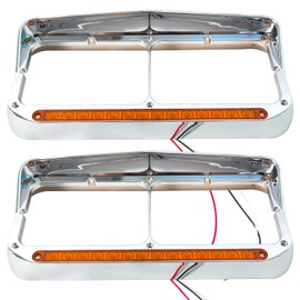 GaeaAuto Pair Headlight Bezel Trim Chrome with 12" Amber LED Light Strip Replacement for Kenworth T400 T600 T800 W900B W900L Peterbilt 378 379 Western Star 4900 Freightliner FLD Classic XL 4x6 Light