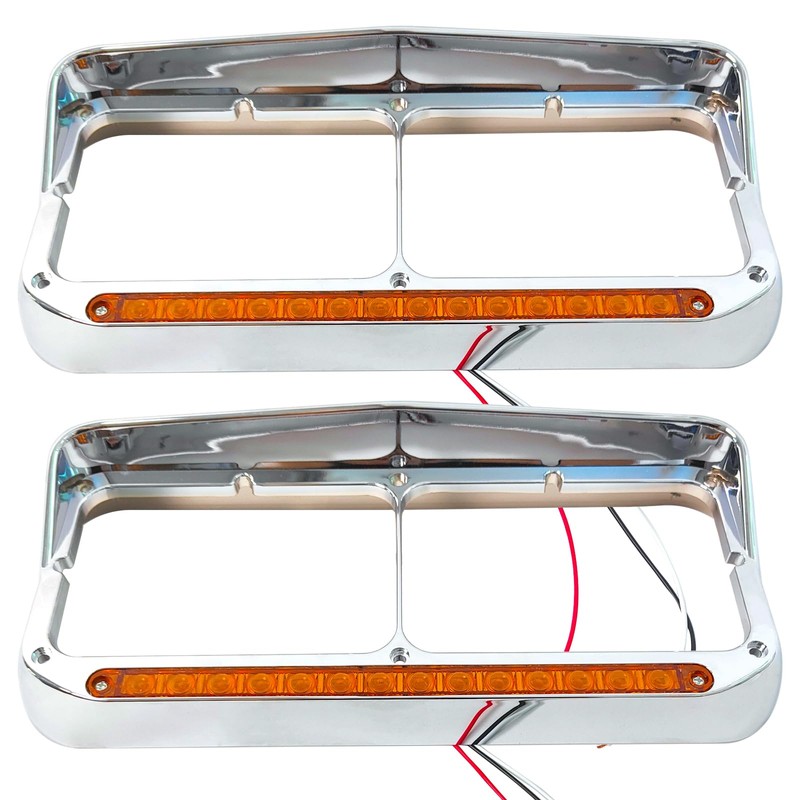 GaeaAuto Pair Headlight Bezel Trim Chrome with 12" Amber LED