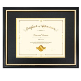 Hodeframe 11x14 Document Frame with (Black/Gold) Double Mat or 8x10 Without Mat for Certificate/Diploma/Picture,Solid Wood Degree Frame, Real Glass，Wall Display and Tabletop