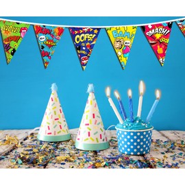 Superhero Themed Party Decors and Supplies, Superhero Party Banner - 12-Piece Vibrant Comic Flags Set, Superhero Action Sign Banner for Heros Fans