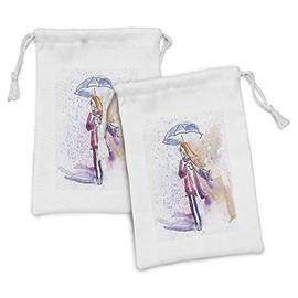 Lunarable Watercolor Fabric Pouch Set of 2, Hand Drawn Young Fashion Girl with Umbrella Walking in the Rain Image, Small Drawstring Bag for Toiletries Masks and Favors, 9" x 6", Multicolor