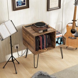 Giantex Record Player Stand with Charging Station, Turntable Stand with Vinyl Divider & Display Shelf, Mid-century Modern End Table Holds Up to 150 Albums, Vinyl Record Storage Cabinet for Living Room
