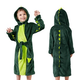 LOLANTA Children's Fleece Dinosaur Bathrobe Plush Hooded Bathrobe for 4-10 Years, dark green