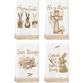 4PCS Easter Kitchen Towels,Bunny Bow Tie Blessing Dish Towels 18x26 Inch,Home Seasonal Spring Decorations Housewarming Party Towels Kit Novelty Gift