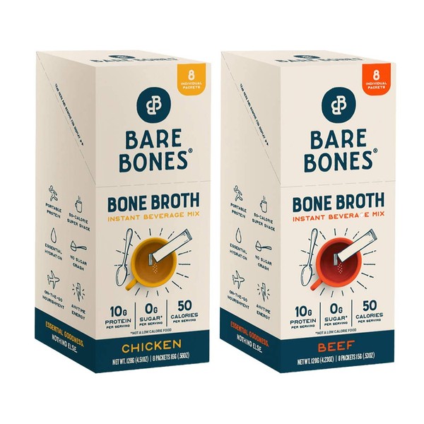 Bare Bones Bone Broth Instant Powdered Mix, Variety Pack, 8 Chicken and 8 Beef, 15g Sticks, 10g Protein, Keto & Paleo Friendly Bone Broth Packets, 16 Total Servings