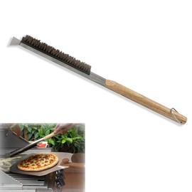 Pizza Oven Brush - Wooden Handle BBQ Brush, Pizza Stone Cleaning Brush with Scraper, Versatile Kitchen & Outdoor Bake Tool for Easy Maintenance