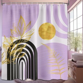 QGHOT Boho Mid Century Modern Shower Curtain Black and Purple Shower Curtains for Bathroom Decor Lavender Light Purple and Gold Leaves Bath Curtain Set, Waterproof Fabric with Hooks, 70" W x 96" L