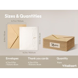 Vitalizart Embossed Thank You Cards with Envelopes, 16 Pack 4.3" x 5.5", 250gsm Thick Textured Cardstock, Elegant Foil Design, Blank Inside for Business, Wedding, Baby Shower, Bridal Shower, Graduation, Funerals