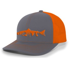 Heritage Pride Freshwater Fish Forest Mountain Scenic Salmon Mens Embroidered Mesh Back Trucker Hat, Charcoal/Neon Orange