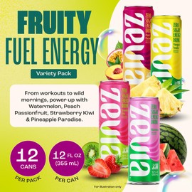 Zevia Zero Sugar Energy Drink, Fruity Fuel Variety Pack, 12 oz Cans (12-Pack) – Naturally Sweetened, Non-GMO Project Verified, Gluten-Free, Vegan