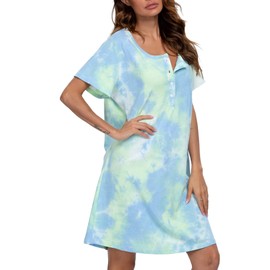 ENJOYNIGHT Women's Nighties Short Sleeve Nightdress Nursing Nightshirt Button Breastfeeding Sleepwear (Small,Blue)