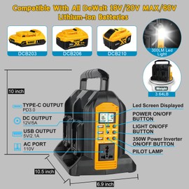 350W Power Inverter for Dewalt 18V 20V MAX 60V Li-ion Batteries,4-Port Supply Inverter Generators Converter DC 20V to AC110V ~120V with LED Light,3 USB-A,1 Type-C,1DC Port, for Outdoor Travel Camping