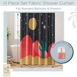 Stitch and Stone Fabric Shower Curtain Set, Polyester Liner with Hanging Bath Caddy Organizer to Hold Accessories, and 12 Hook Set 70" x 72" 14 Piece Set - Desert