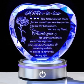 Enjinkail Mother in Law Birthday Gifts from Daughter in Law for Christmas Crystal Heart Plaque Keepsake Best Mother-in-Law Unique Gifts for Wedding Mothers Day with Colorful Light Base