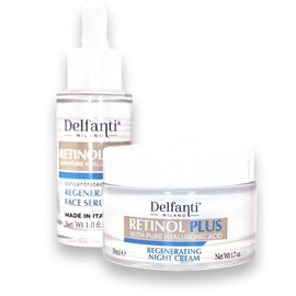 Delfanti Milano • RETINOL PLUS with pure HYALURONIC Acid • FULL SIZED NIGHT TREATMENT DUO PACK Concentrated Regenerating Serum and Night Cream for Face and Neck • Made in Italy