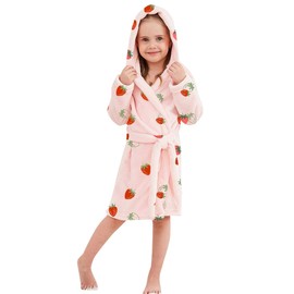 Umeyda Girls Robe, Soft Plush Cute Hooded Flannel Robe With Pockets Warm Bathrobe for Toddler Little Big Girls Boys, Pink Red Strawberry, 3T = Tag 110