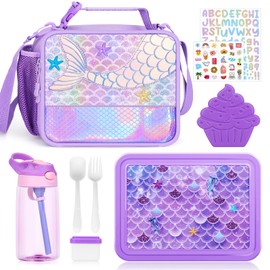 JYPS Mermaid Bento Box for Kids with Insulated Lunch Bag, Lunch box Set with kids water bottle,Sauce Container,Ice Pack,Utensils,Perfect Lunch Container for Girls and Toddlers Back to School Age 7-15