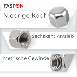 FASTON Acorn Nuts Low Form M10 Stainless Steel A2 V2A (Pack of 10) DIN 917 Hexagonal Acorn Nuts Rustproof