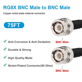 MOOKEERF BNC Male to BNC Male Coaxial Cable 50 ohm Ultra Low Loss RG8X Coax Cable BNC Cable for Antenna, RF Radio, Modem, Oscilloscope, Spectrum, Analyzer, Signal Generator (75FT)