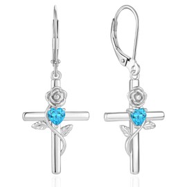 Vesitim Cross Earrings Rose Flower Earring Religious Jewelry for Women, Sterling Silver, 03-aquamarine-mar