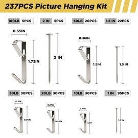 Picture Hanging Kit 210 Pieces, Picture Hangers Holds 20LB 30LB 50LB, Heavy Duty Picture Hanging Hooks with Nails for Hanging Pictures on Drywall Wooden Wall, Silver