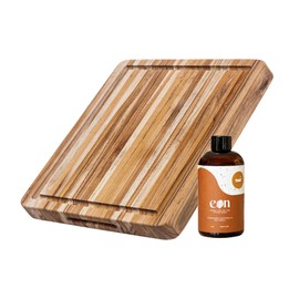 Teakhaus Carving Board and Cutting Board Oil Set - Includes Small (S) Wood Cutting Board with Juice Groove and EON Food Grade Mineral Oil - Knife-Friendly - FSC Certified