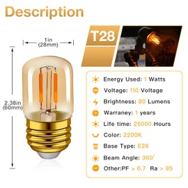 E26 LED Edison Light Bulbs 1W , T28 Mini Tube Lamp 2200K Warm White, Non-Dimmable Old Classic Bulb Amber Glass Replacement Decorative Bulb Night Light Oven Bulb 2 Pack