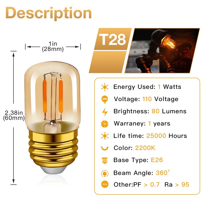 E26 LED Edison Light Bulbs 1W , T28 Mini Tube