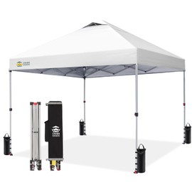 CROWN SHADES 10x10 Pop Up Canopy - Beach Tent with One Push Setup - Easy Outdoor Sun Shade for Events, Parties, Camping - Gazebo with STO-N-Go Cover Bag, Silver Coated Top, Grid White