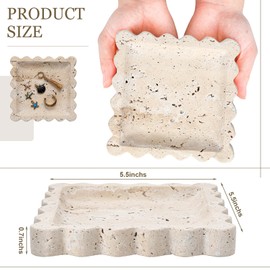 Threehoney 5.5 Inch Small Travertine Scallop Edge Tray Decorative Marble Jewelry Tray Stone Dish Tray Gift (Square)