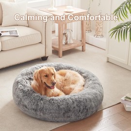 BedStill 36 inches Donut Dog Bed for Large Dogs - Calming Fluffy Round Pet Bed with Removable & Washable Cover,Fits up to 80 lbs Pets (Dark Grey,Large)