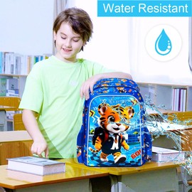 3PCS Backpack for Boys, 16'' Kids Tiger Preschool Backpacks with Lunch Box, Cool Animal Water Resistant School Bookbag Set for Elementary Kindergarten Travel