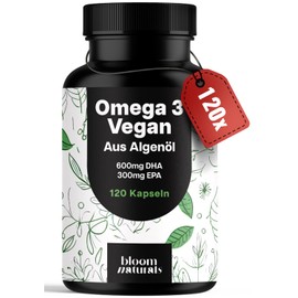 Omega 3 Capsules High Dose Vegan - 120 Capsules - 2000mg Algae Oil - 600mg DHA & 300mg EPA - Vegan & Produced in Germany