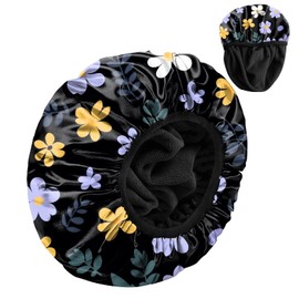 Zewurtuw Luxury Shower Cap Terry Cloth Lined EVA Waterproof Reusable Triple Layer Elastic Hair Bath Caps for Women Girls Cute-Purple Flower