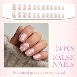 24PCS Short Square Press on Nails – White Heart Design Stick on False Nails for Women & Girls – Accessory Tools Included for Easy DIY Manicure at Home & Daily Wear – Cute Nail Art Tips Set