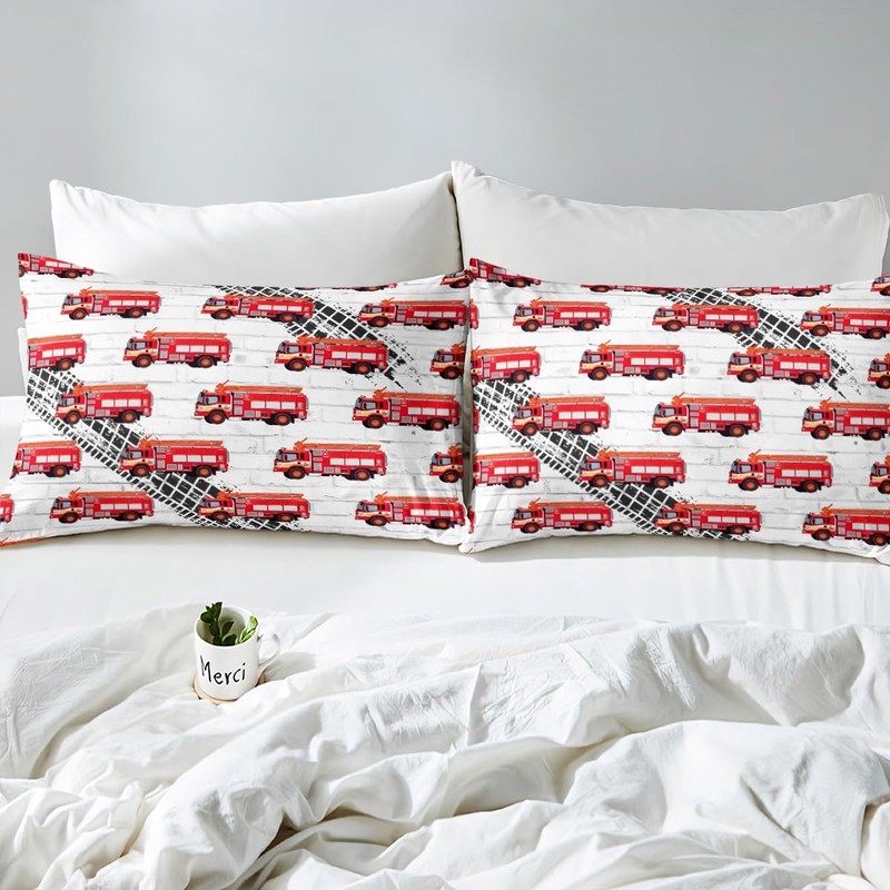 Manfei Fire Truck Duvet Cover Set Single Size, Red Fire