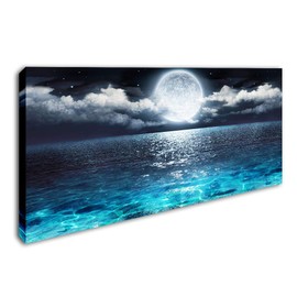 Wall Art for Living Room Large Size Ocean Blue Clear Seascape Giclee Artwork Full Moon in Cloud Landscape Stretched Picture Canvas Prints for Home Bedroom Decor - 30x60 Inch