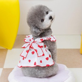 MQQYLBHDS White Dog Dress for Small Dog Girl Spring Puppy Clothes with Bow Strawberry Cat Outfit Doggy Princess Skirt with Leash Ring Summer Pet Apparel (White, Medium)