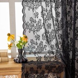 Jayla Black Lace Curtains - Lace Sheer Curtains Black for Bedroom, Floral Embroidered Farmhouse Window Drapes Vintage European Tulle Retro Style, Rod Pocket, 2 Panels, 52" W x 54" L