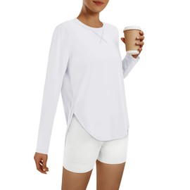 AUTOMET Long Sleeve Workout Tops for Women Athletic UPF 50+ Sun Rash Guard Shirts Running SPF Gym Quick Dry Clothes White M