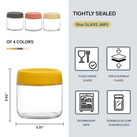 YZEROBAMB 10 OZ Glass Food Jar Storage Containers with Airtight Lids, Reusable Wide Mouth Overnight Oats Glass Mason Jars for Snacks Yogurt Pudding(Multicolor 4pack-2)