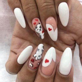 Valentine’s Day Press on Nails Medium Almond Fake Nails Glossy White False Nails Cute Cat Heart Design Valentines Acrylic Nails Reusable Artificial Nails Full Cover Glue on Nails for Women 24Pcs