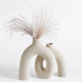 Ceramic Hug Vase (Creamy White) Modern Donut Style Hugging Vases for Flowers Minimalist Decor – Hollow Ceramic Waterproof Home Decor Vases for Living Room, Bed Room, Book Shelf, Entryway Table.