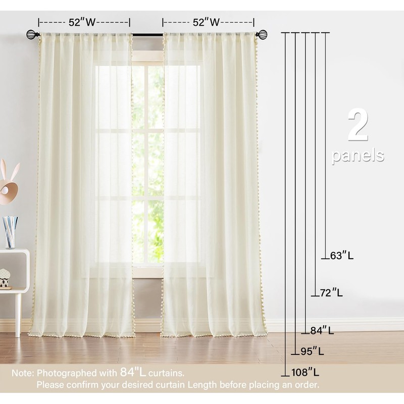 Treatmentex Sheer Curtains 95in Bedroom Decorative Pompom Trimmed Voile for